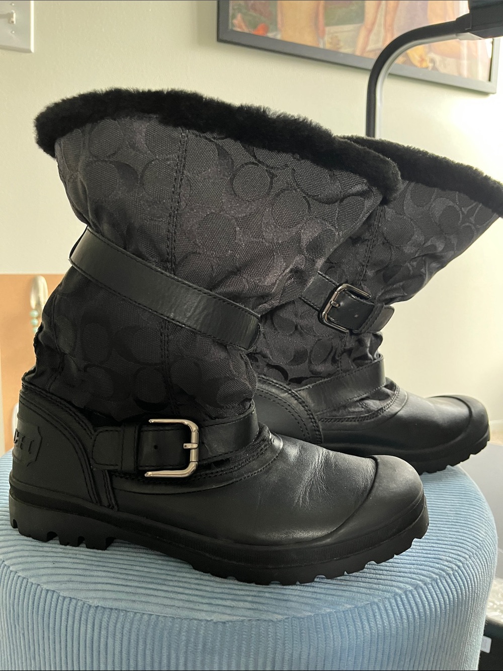 COACH Women's Black Insulated Winter Boots with Buckle Detail